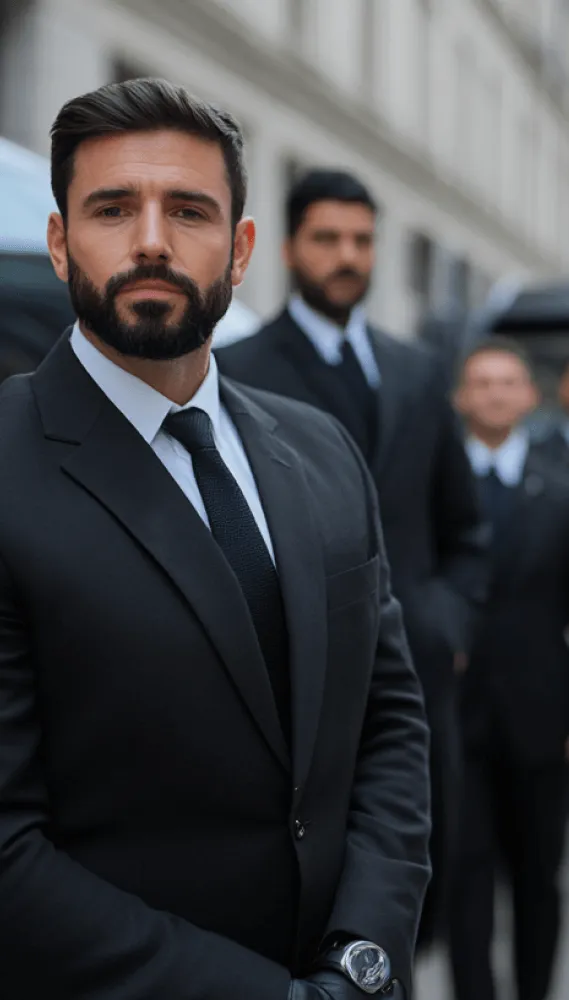 A man wearing a black suit and tie.