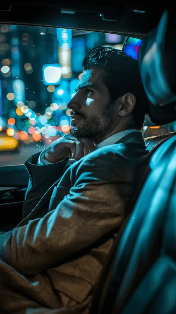 A man in a suit looking out the window of a car.