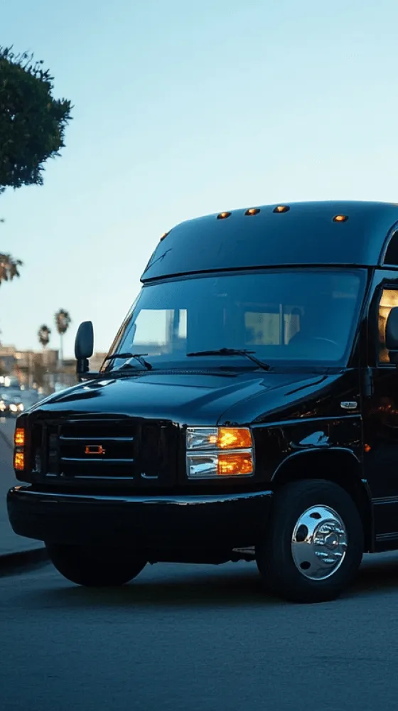 A black bus with a white star on the front.