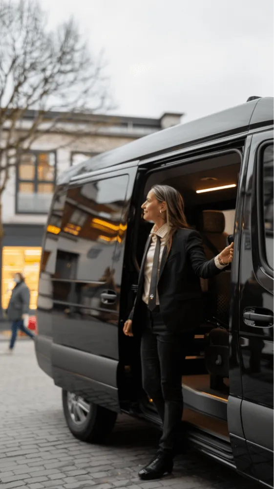 A woman in a suit standing in the doorway of a black van.
