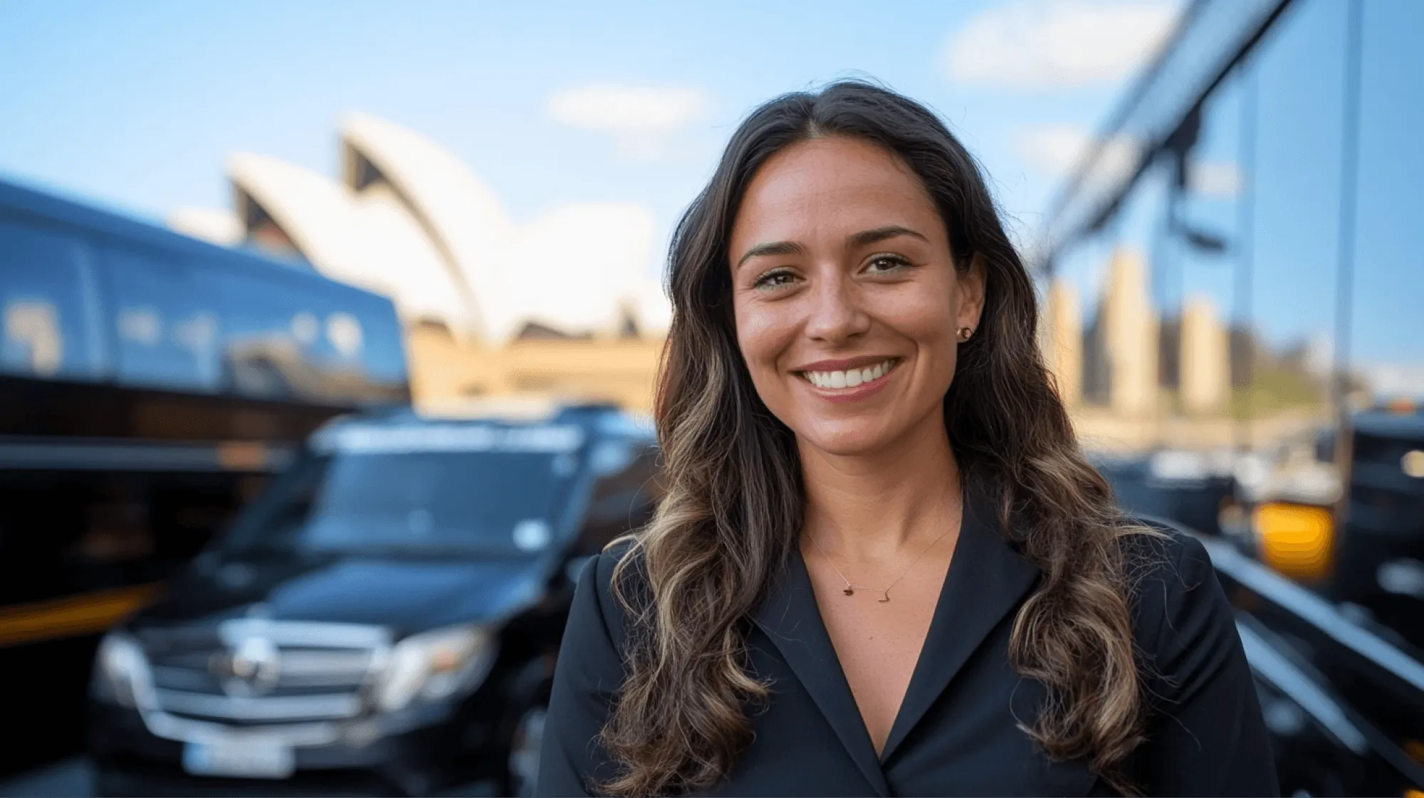 A woman wearing a black suit and smiling.