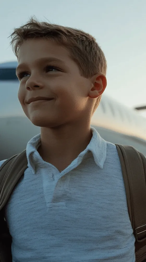 A young boy with a backpack standing in front of a plane.