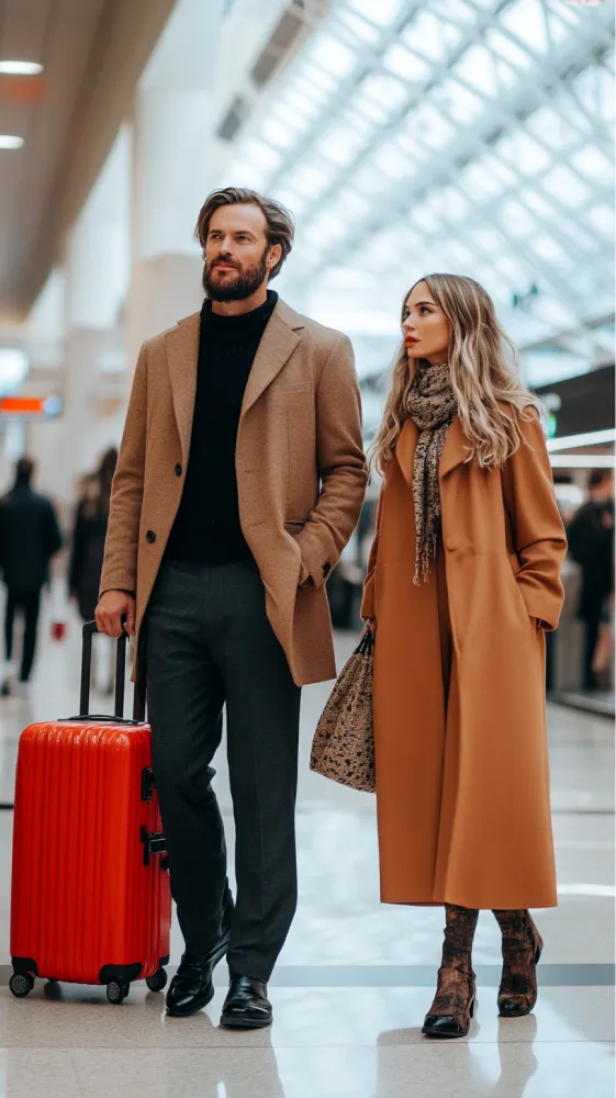 A man and woman standing next to each other with luggage.