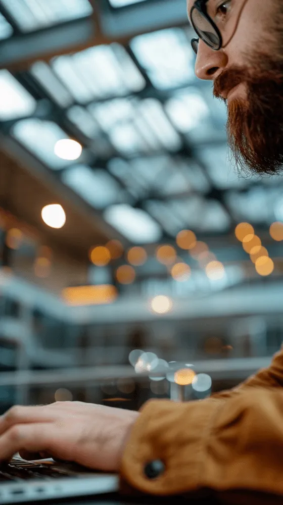 A person with brown hair sitting in front of a building with a lot of lights.