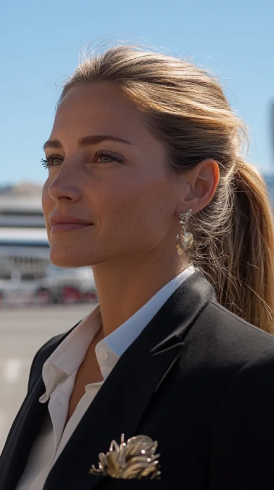 A woman wearing a black suit and earrings.