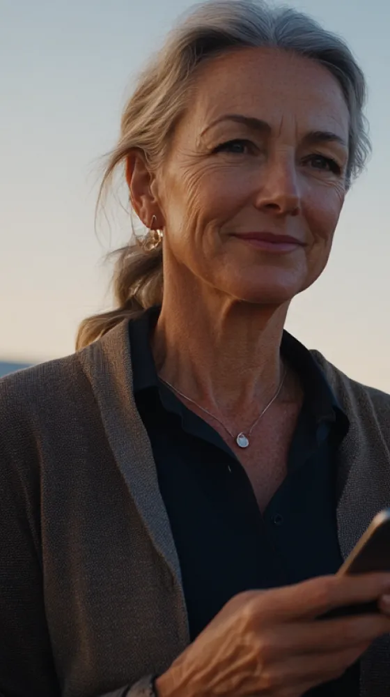 A woman wearing a blue shirt and a necklace.