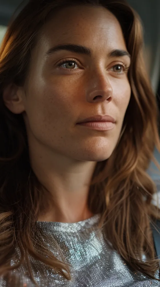 A woman with red hair and freckles looking at the camera.