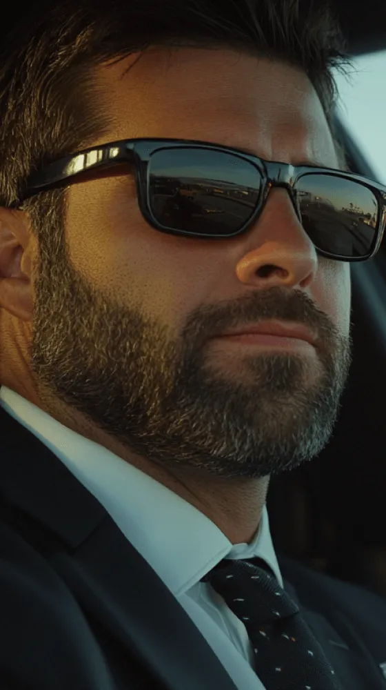 A man wearing sunglasses and a suit.