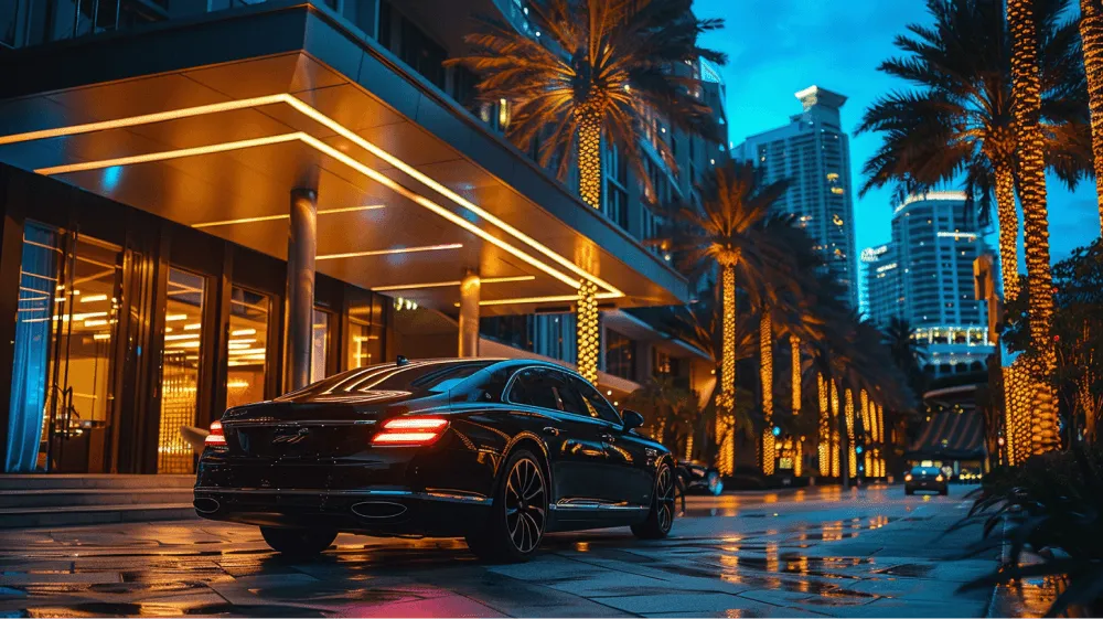 A black car is parked in front of a building.