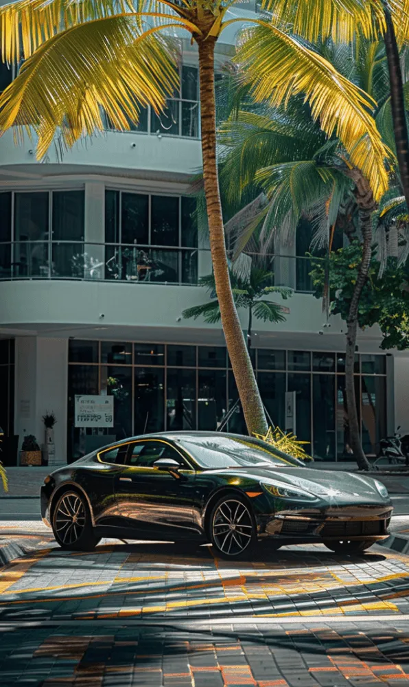 A black sports car is parked in front of a building.