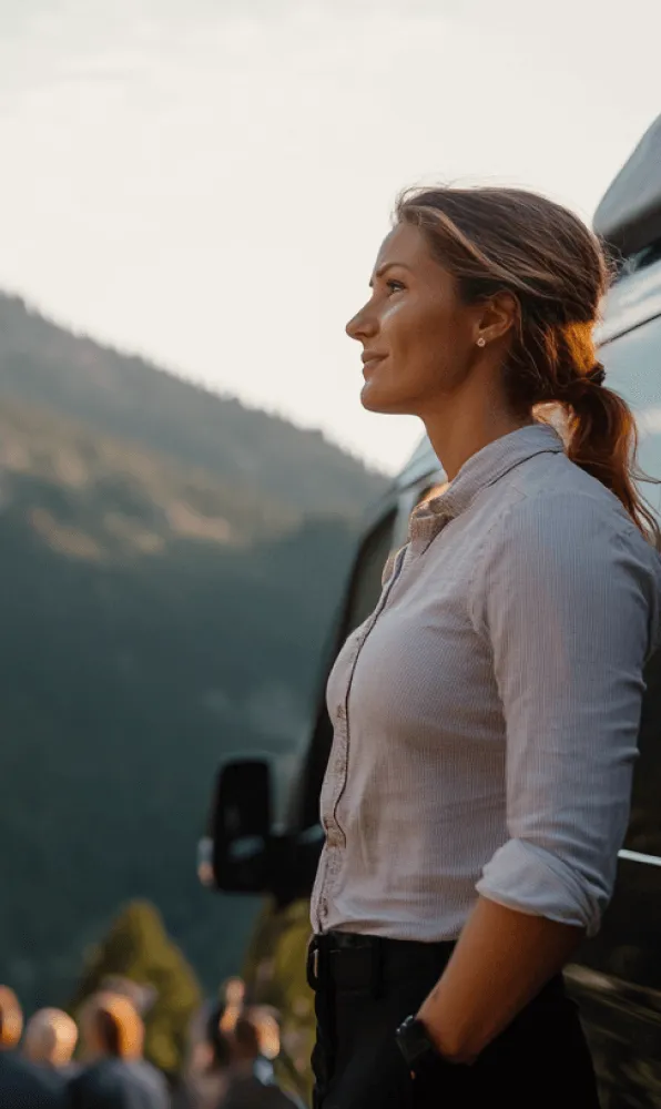 A woman wearing a white shirt and a ponytail stands in front of a car.