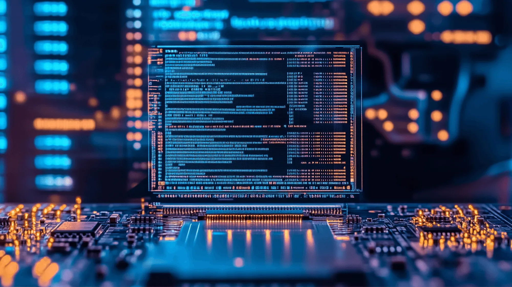 A computer screen with a blue background and a lot of code.