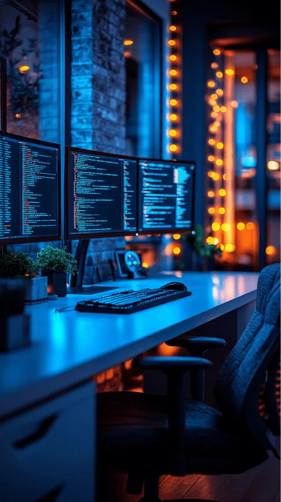 A computer desk with a keyboard and a monitor.