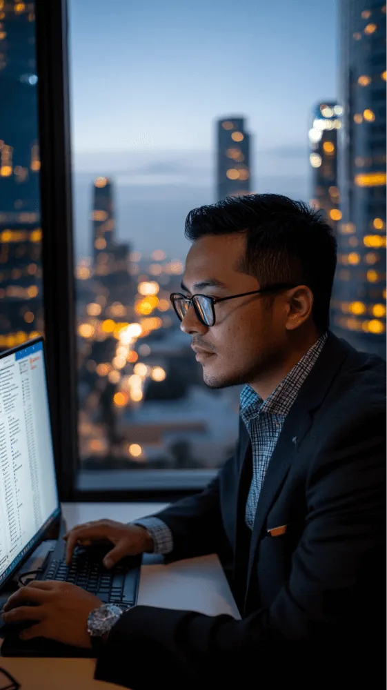A man in a suit working on a computer.