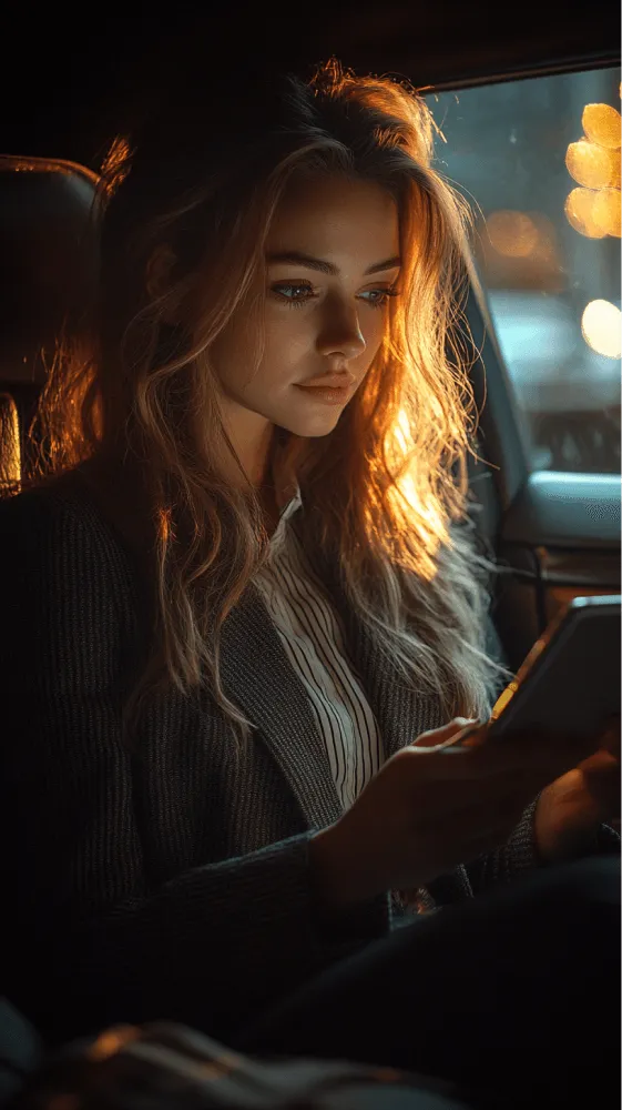 A woman in a car looking at her phone.