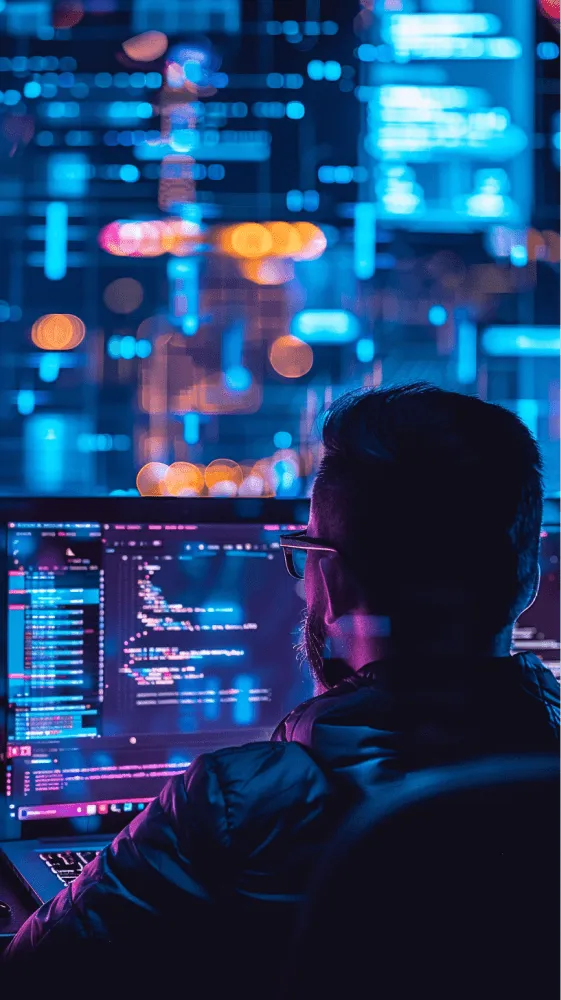 A man wearing glasses and a black jacket is working on a computer.