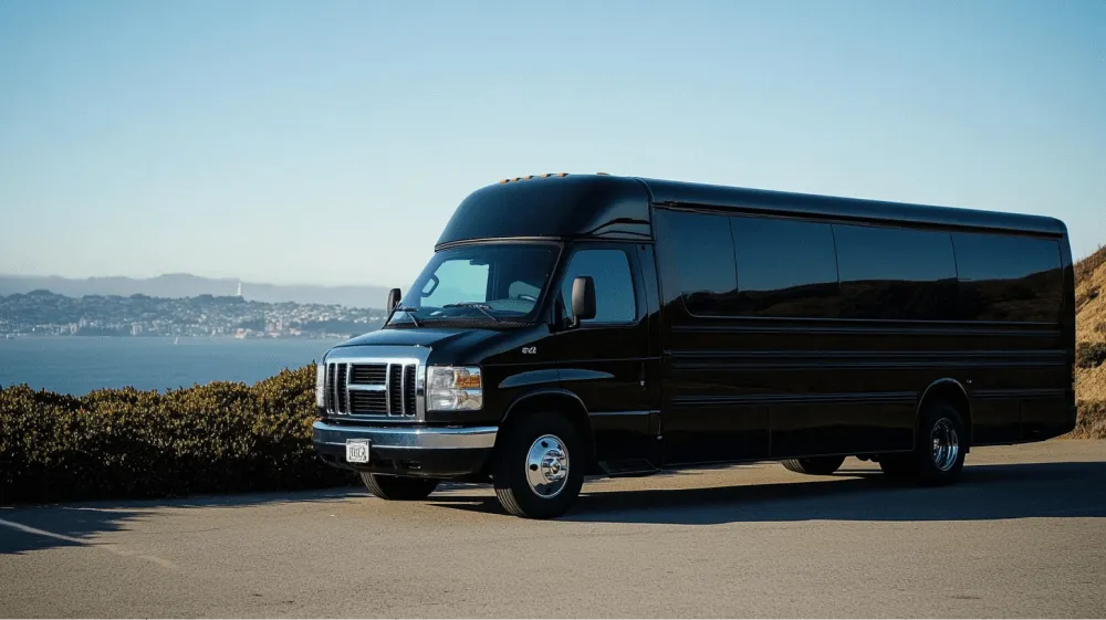 A black van is parked on the side of the road.