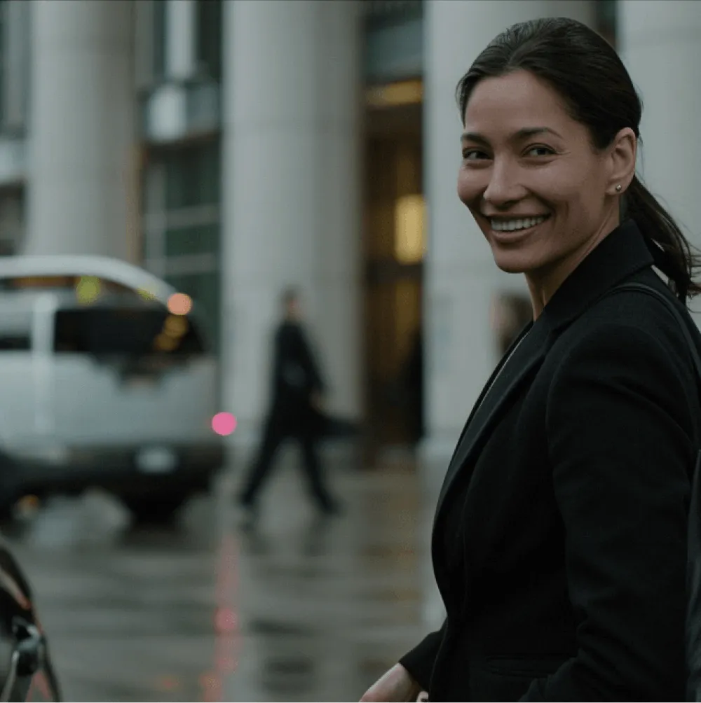 A woman in a black suit smiles at the camera.