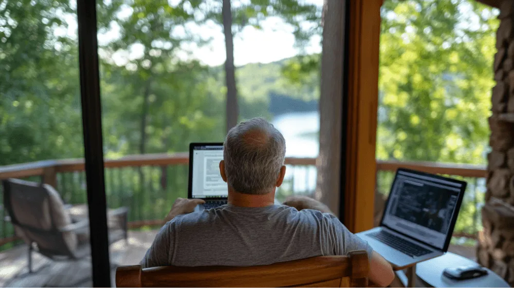 A man sitting on a chair with a laptop in front of him.
