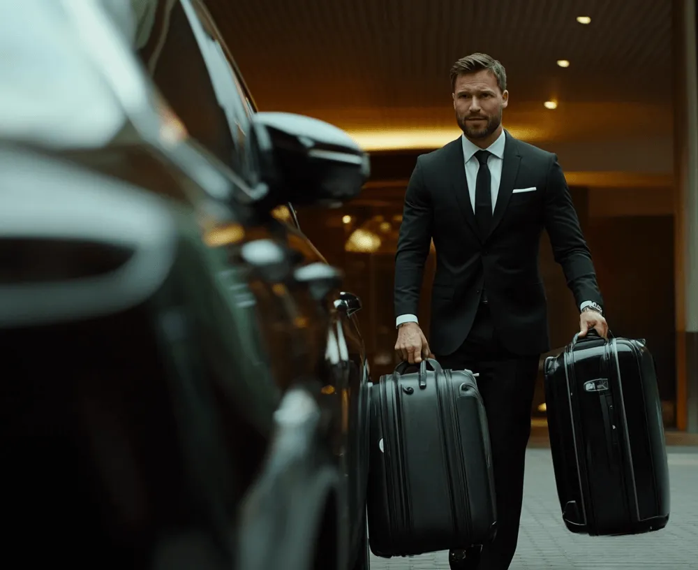 A man in a suit holding two suitcases.
