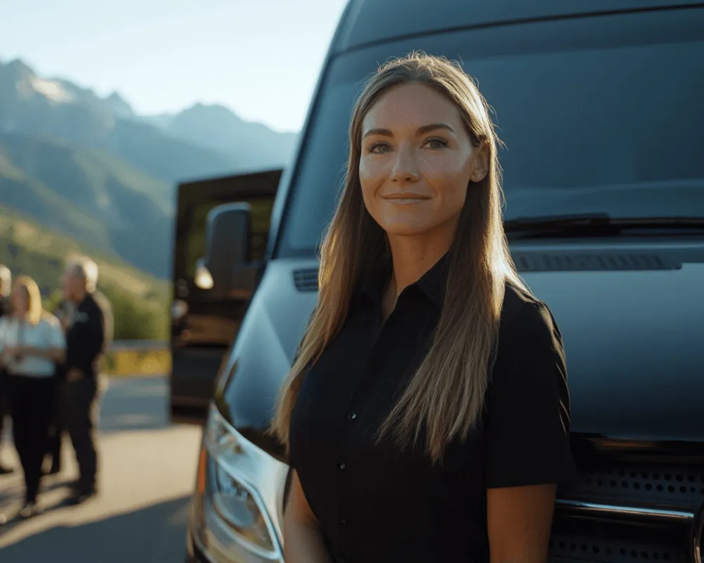 A woman standing in front of a black bus.