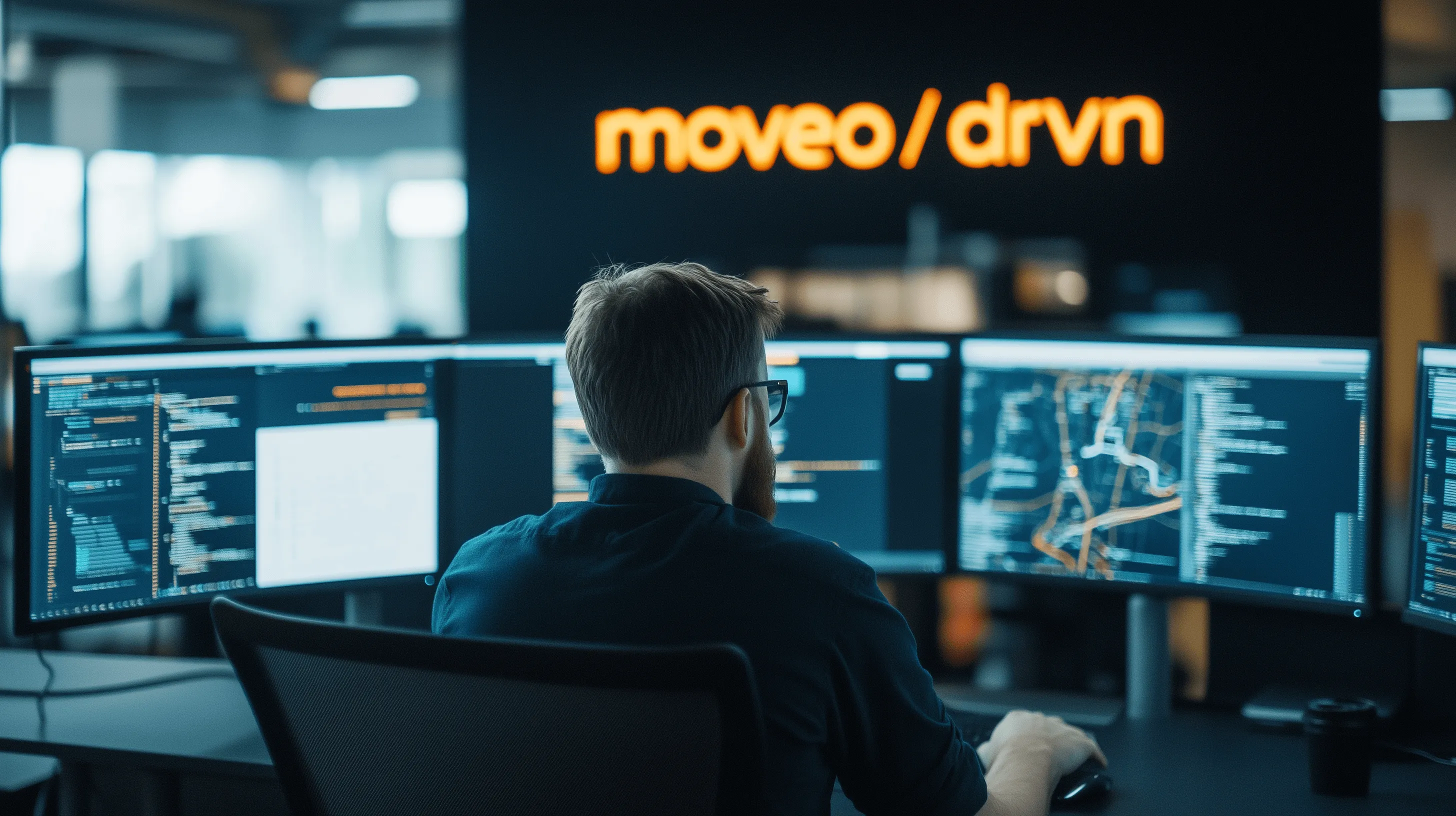 A man in a black shirt and glasses is working on a computer.