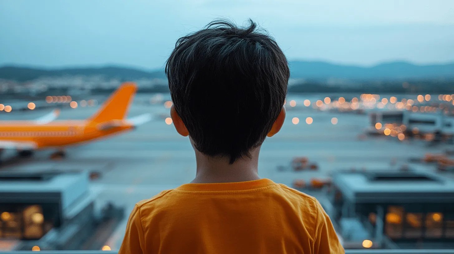 A young boy wearing an orange shirt and looking out at the airport.