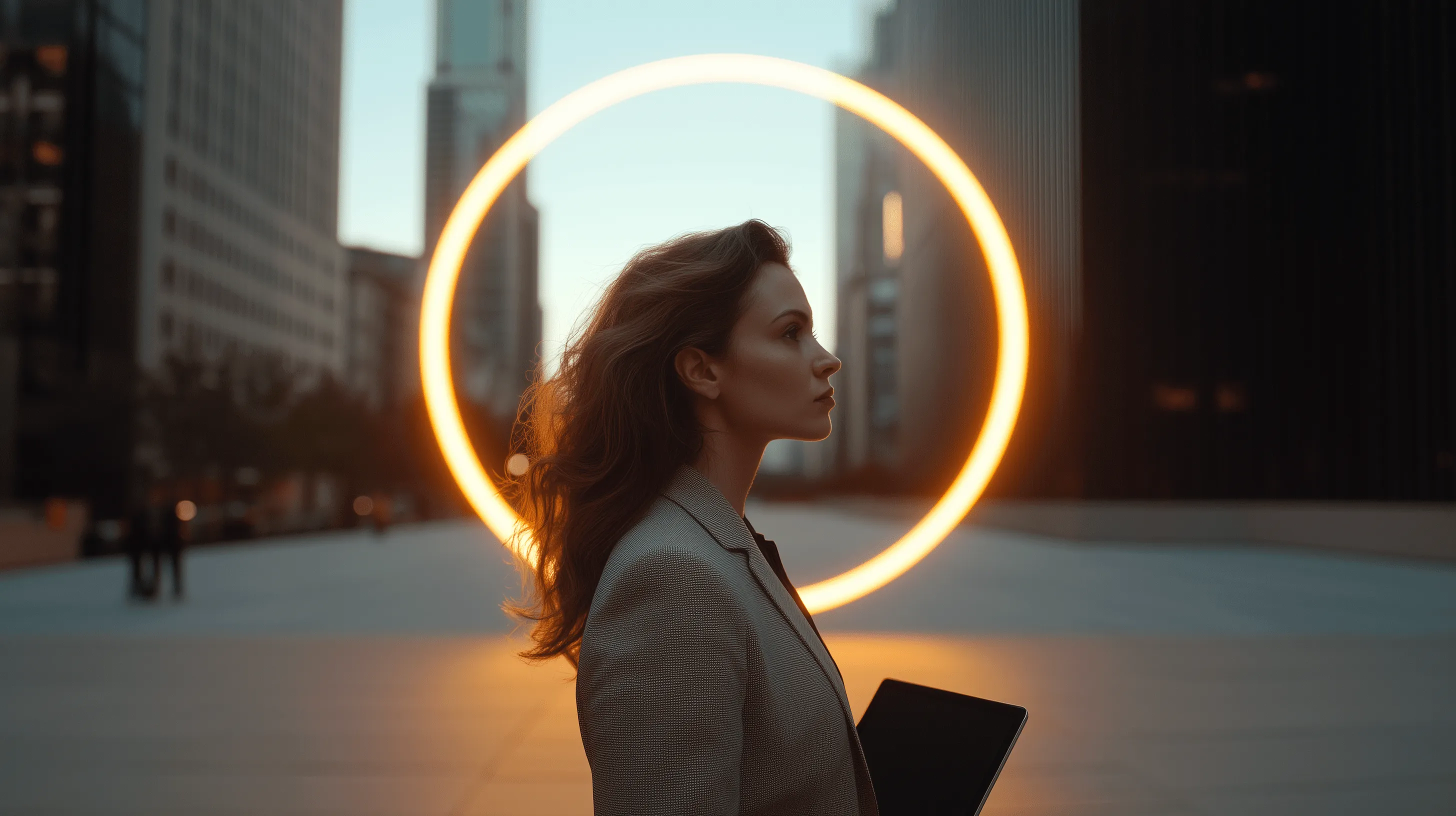 A woman in a suit standing in front of a circle of light.