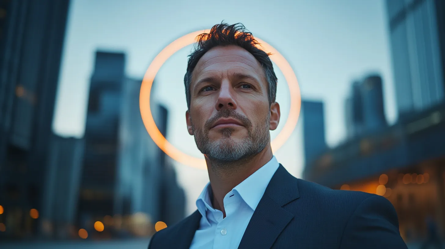 A man wearing a suit and tie with a halo above him.