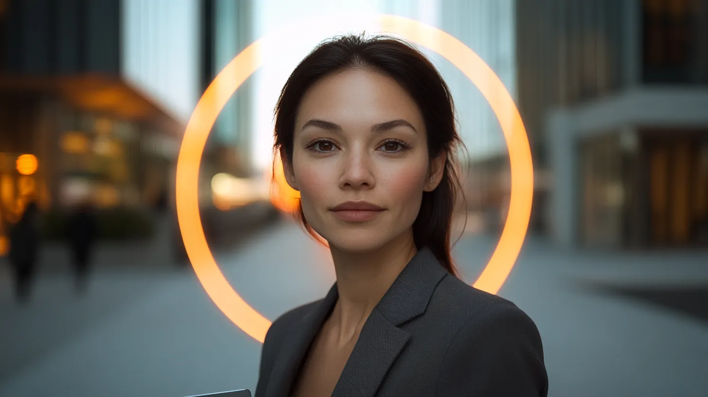 A woman wearing a suit and a card in her hand.