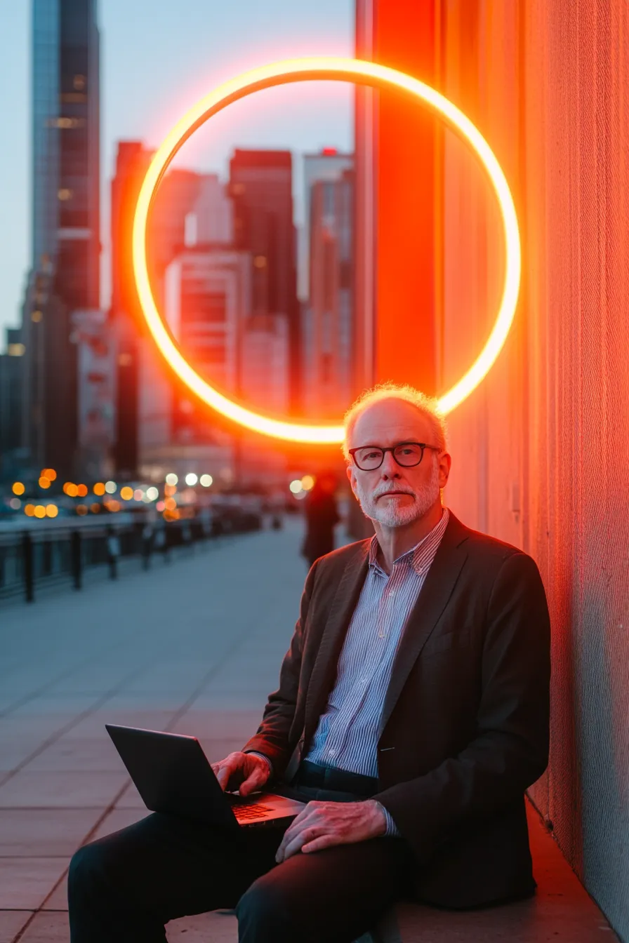 A man sitting in front of a laptop with a neon light in the background.