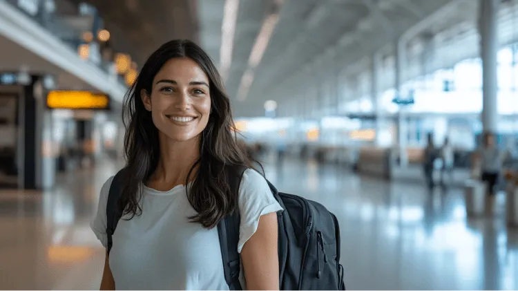 A woman with a backpack standing in an airport.