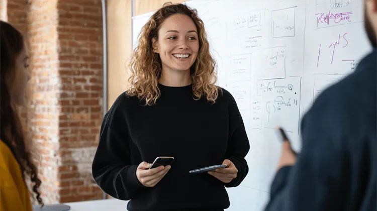 A woman holding a cell phone in front of a white board.