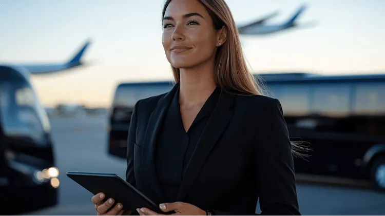 A woman in a black suit holding a tablet.