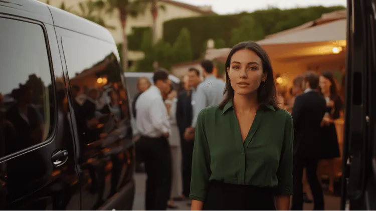 A woman wearing a green shirt and black pants.