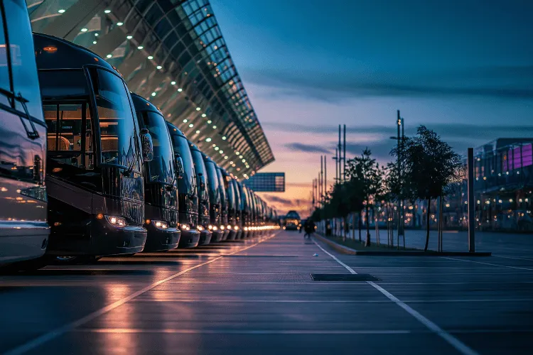 A row of buses parked in front of a building.