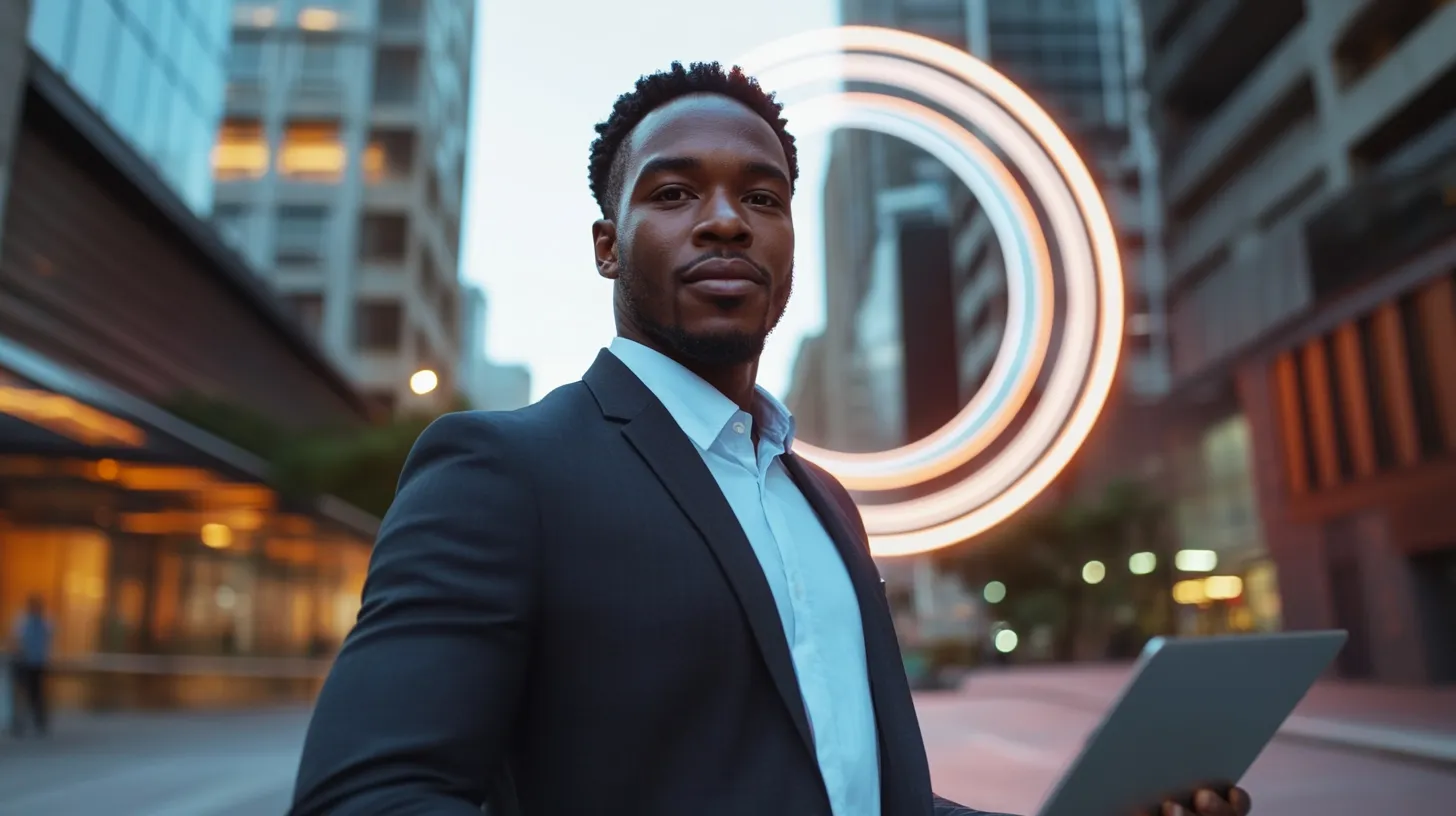 A man in a suit and tie standing in front of a circle of light.