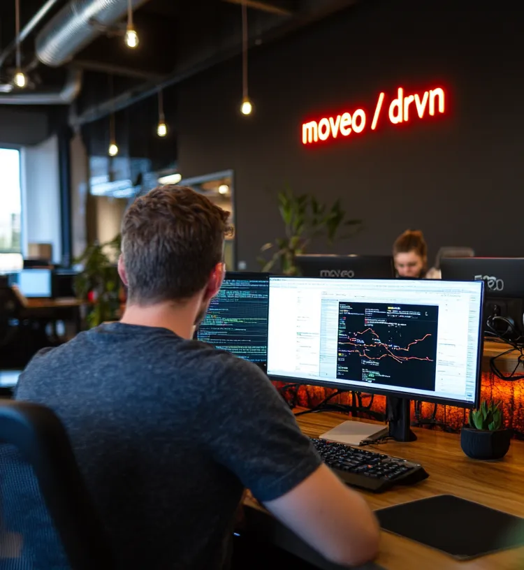 A man working on a computer in a room with a red sign that says "moveo/drivn".