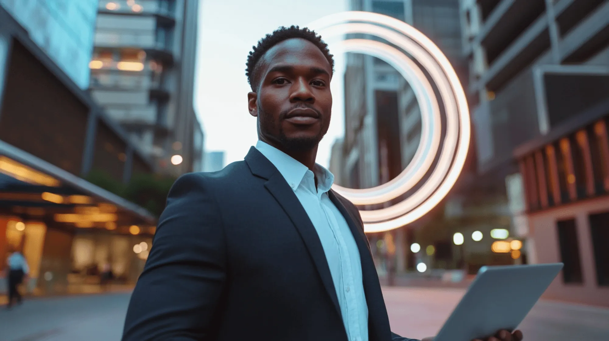 A man wearing a suit and tie standing in front of a building.
