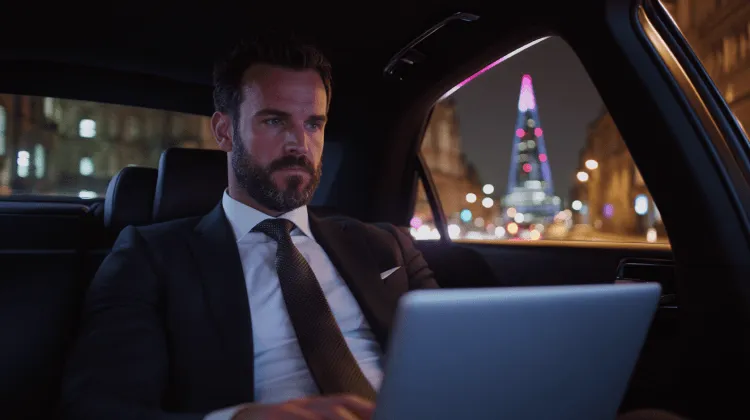 A man in a suit is using a laptop.