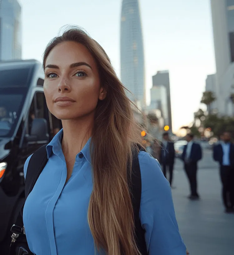 A woman wearing a blue shirt and carrying a backpack.