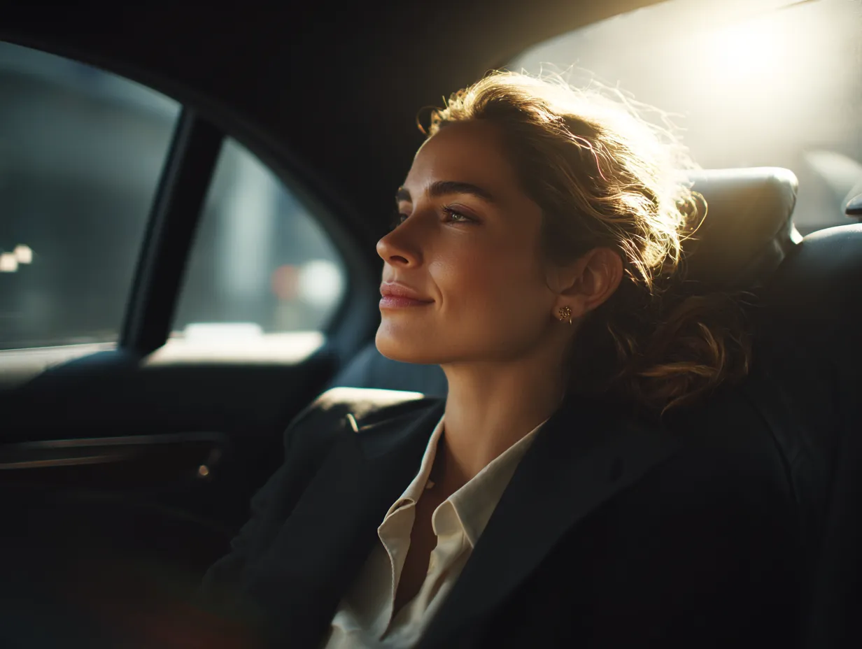A woman smiling sitting in the back seat of a car.