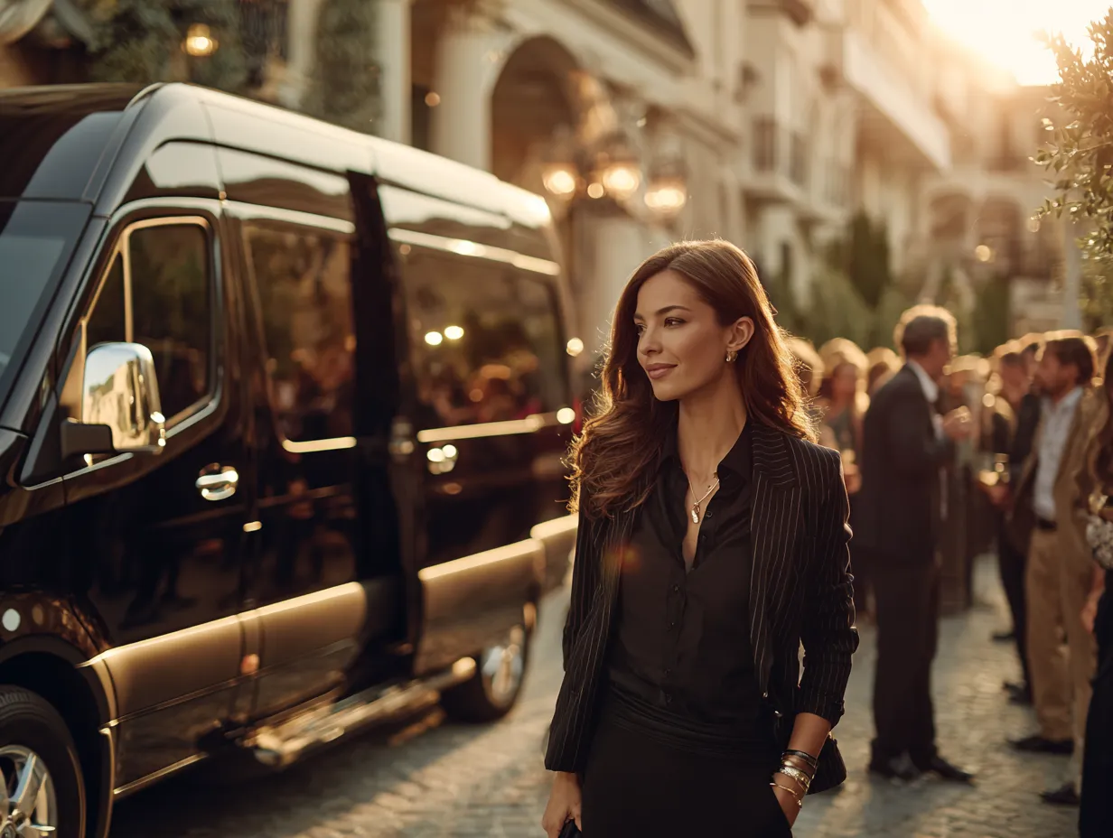 A woman standing next to a sprinter van smiling and looking happy. 