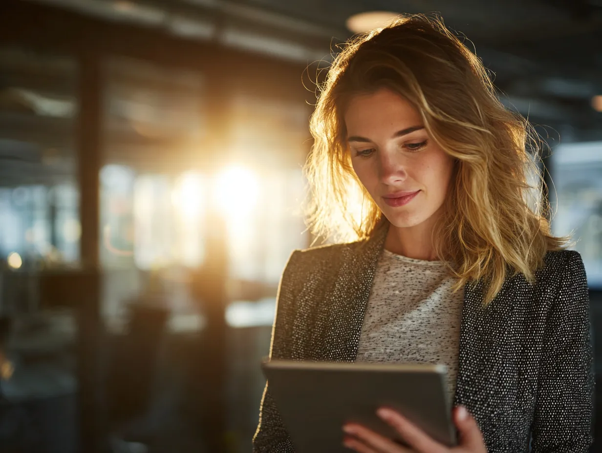 A woman on her tablet while the sun sets. 