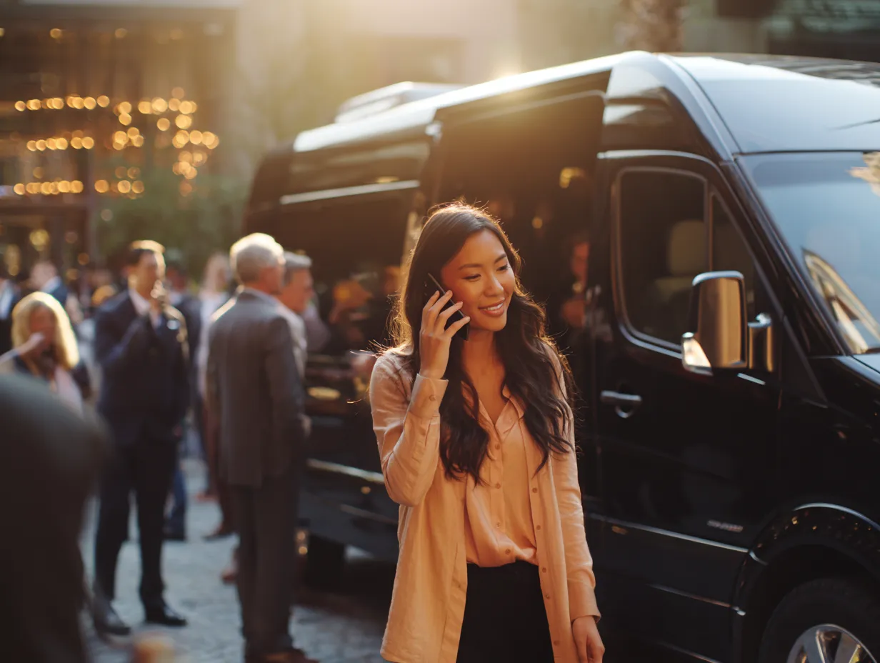 A woman on the phone talking to someone while standing next to a sprinter van.
