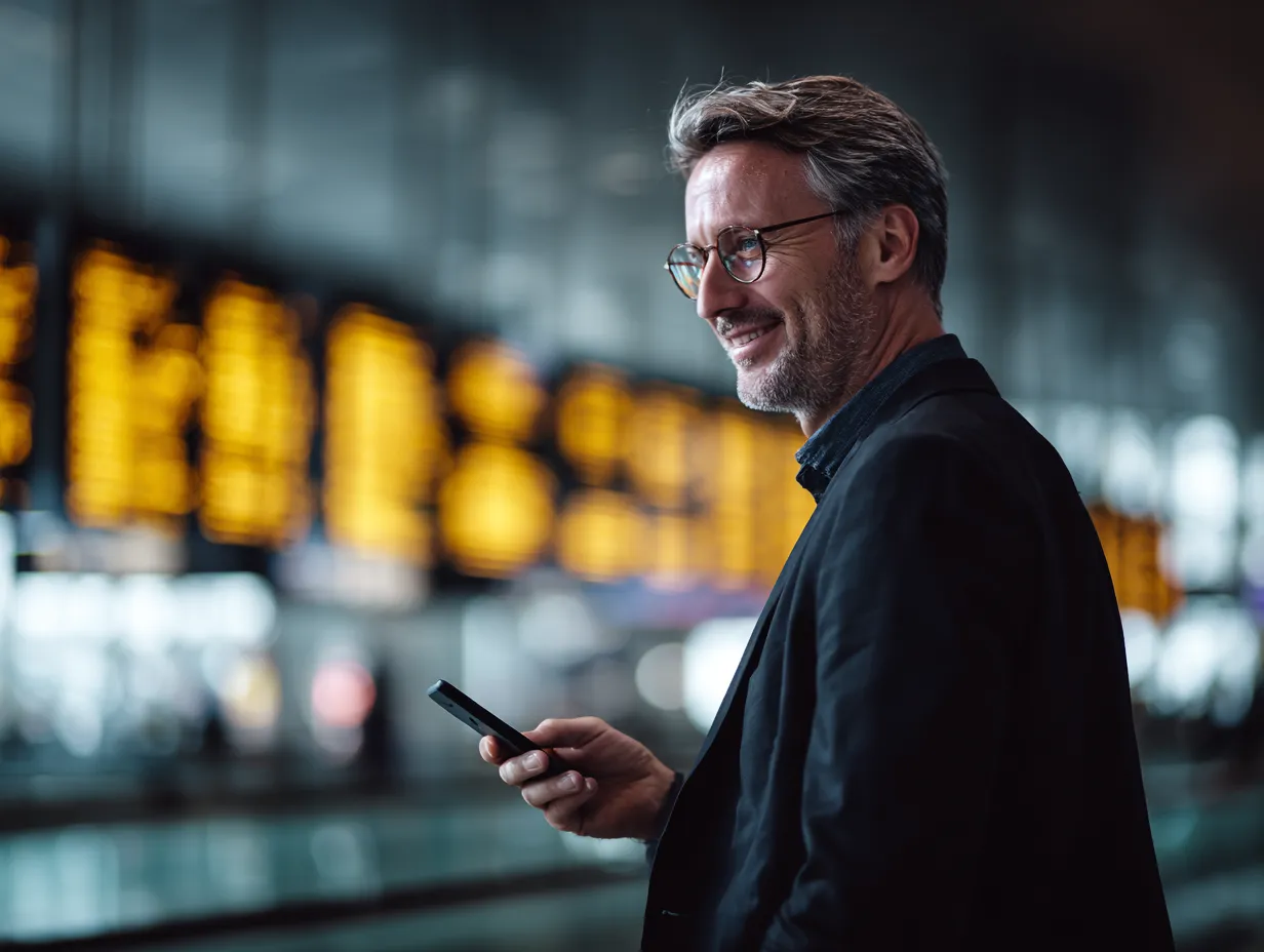 A man standing waiting for his driver to arrive while holding his phone. 