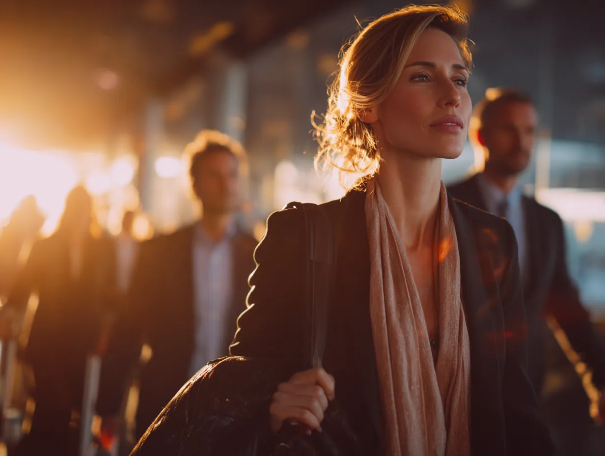 A woman walking in a crowd of people to her destination. 