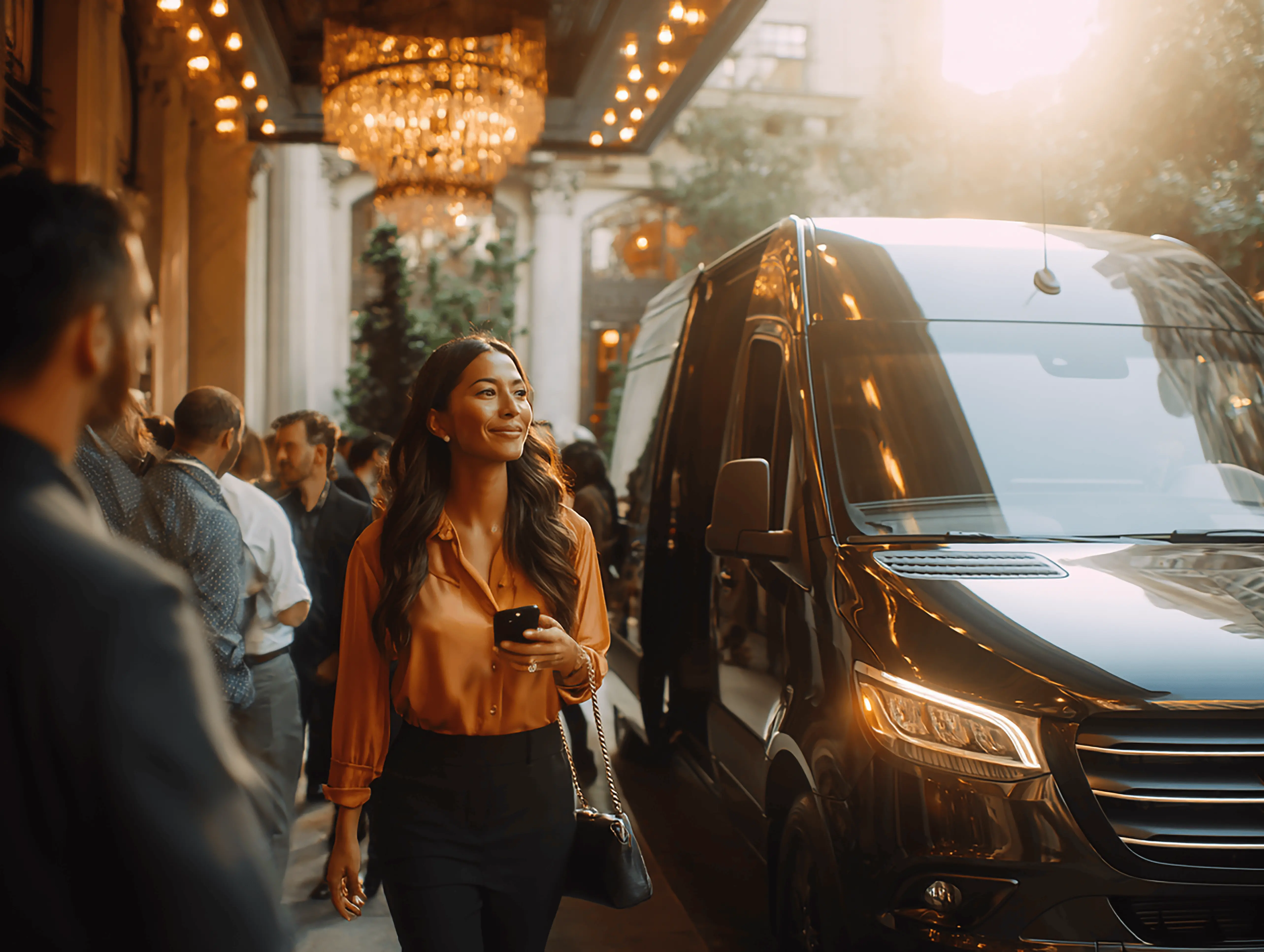 A woman smiling standing next to a black sprinter van.