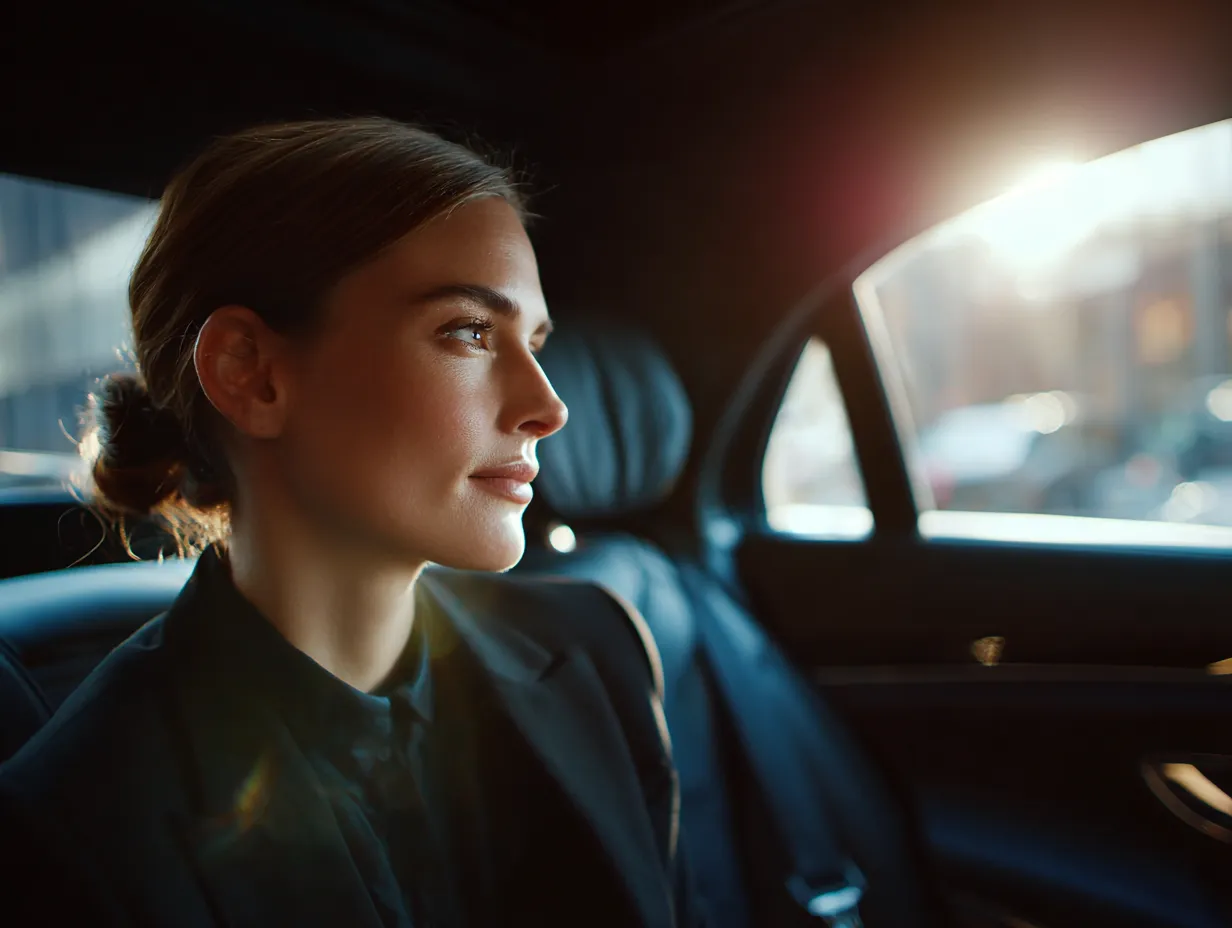 A woman wearing a tux in the back seat of a car with the sun shining in the window. 