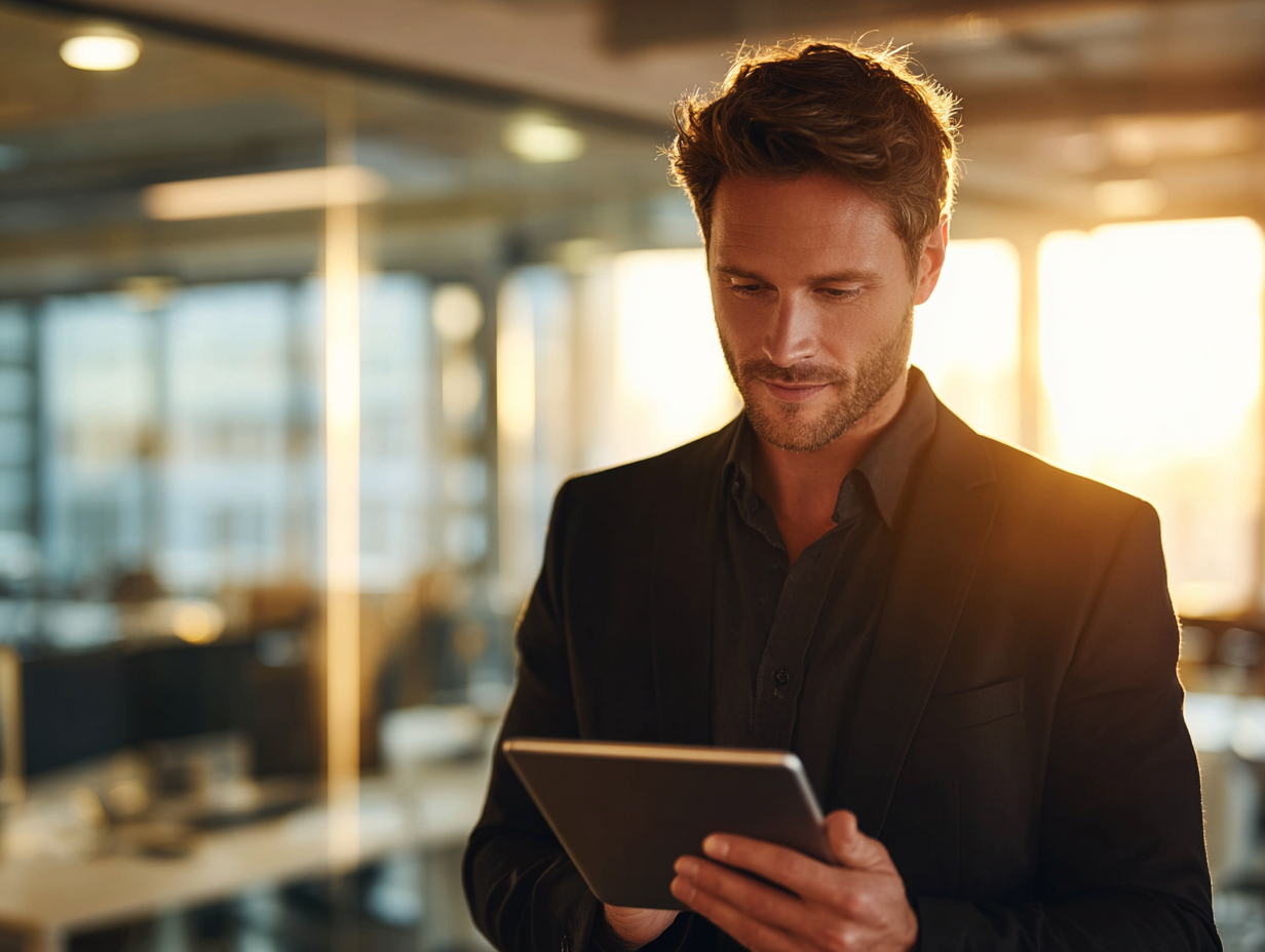 A man looking at his tablet in a black suit and the sunset is setting behind him. 